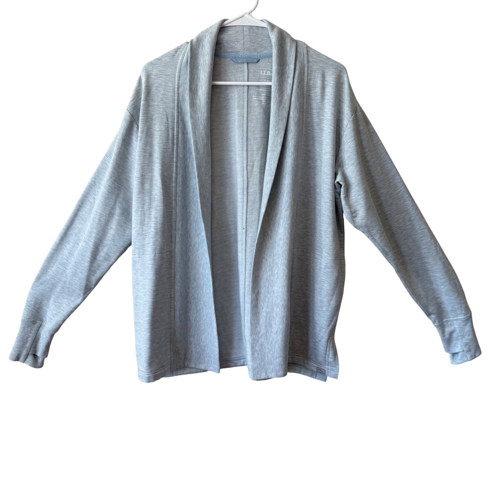 LL Bean Womens Cardigan S Light Blue Open Front Shawl‎ Collar Thumbholes Casual